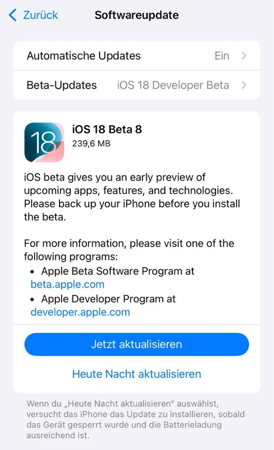 黄南苹果手机维修分享苹果 iOS / iPadOS 18 开发者预览版 Beta 8 发布 